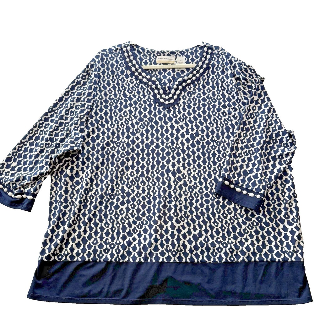 Alfred Dunner Womens Sz 3X Navy White Geo Top Beaded Neckline/Sleeve Cuffs